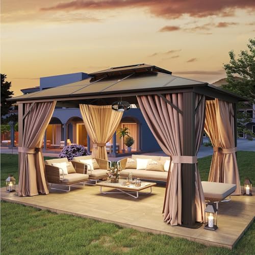 Aoxun 12'x10' Hardtop Gazebo, Aluminum Frame Permanent Pavilion with Curtains and Netting, Outdoor Polycarbonate Double Roof Canopy