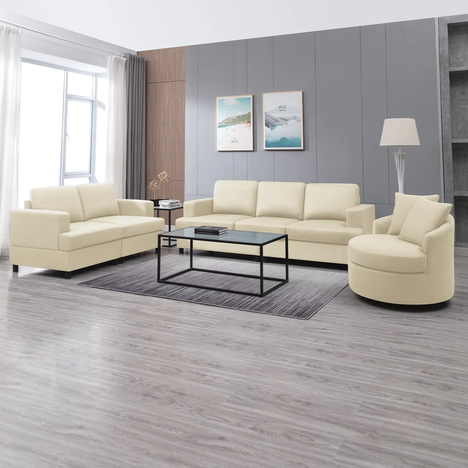 MUZZ Fabric 3-Seater Sofa, 90.1" Modern Sofa Furniture, Upholstered Sofa Couch for Living Room, Bedroom (Sofa, Beige)