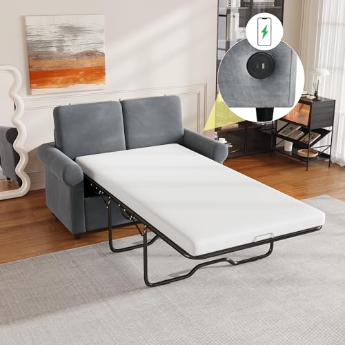 57.4" Pull Out Sofa Bed,Sleeper Sofa Bed with Premium Twin Size Mattress Pad,2-in-1 Pull Out Couch Bed with Two USB Ports for Living Room