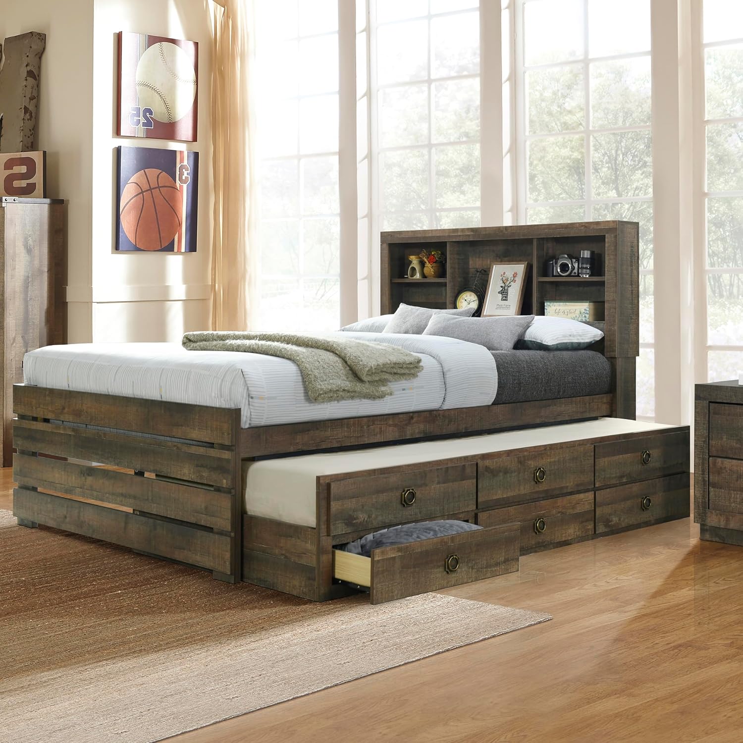 Farmhouse Style Twin Size Bookcase Captain Bed with Three Drawers and Trundle, Rustic Brown