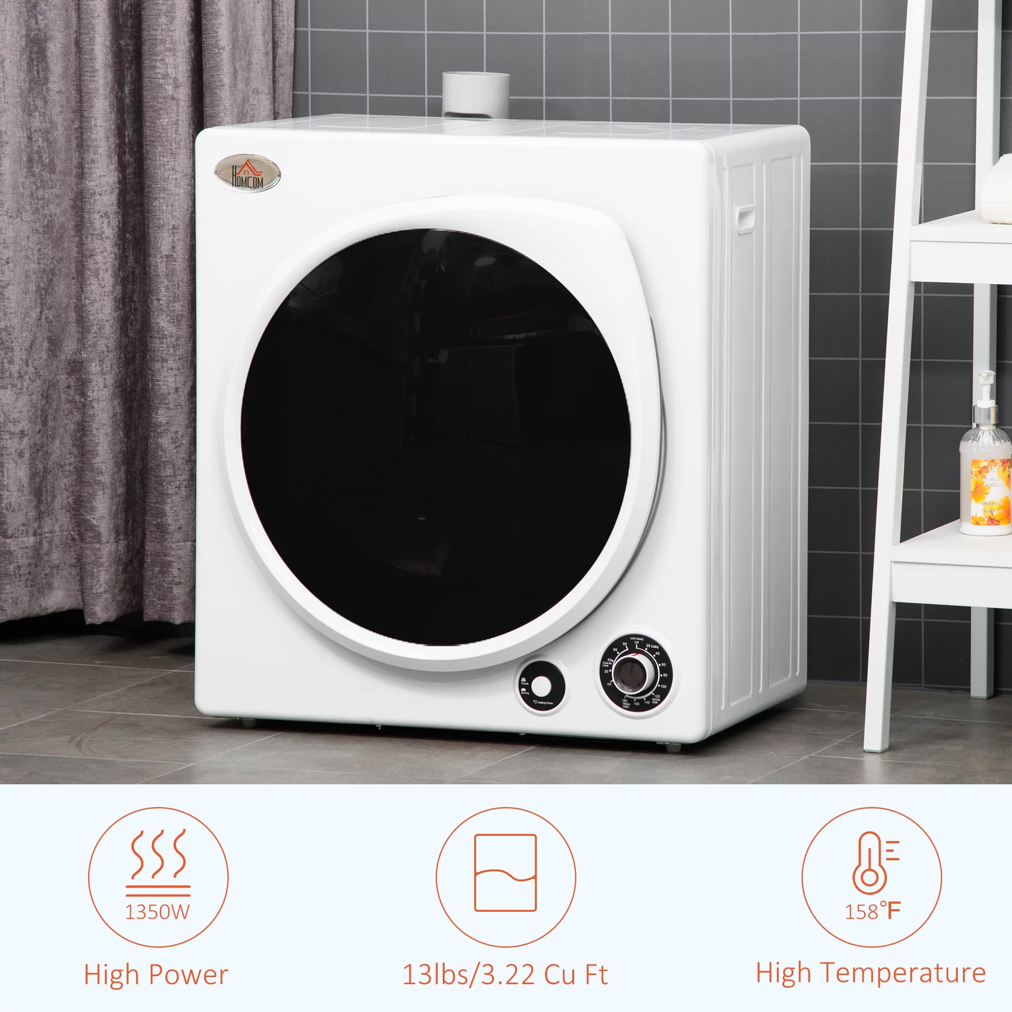 HOMCOM Dryer Machine, 1350W 3.22 Cu. Ft. Portable Clothes Dryer w/ 5 Modes