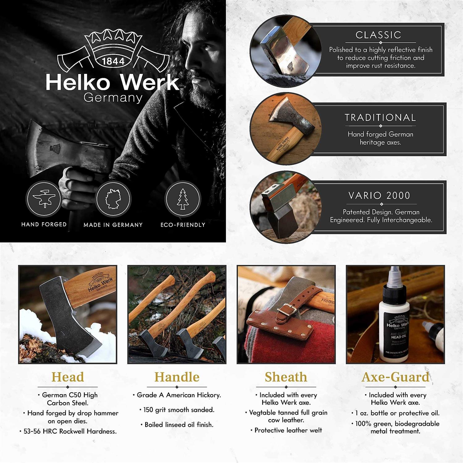 1844 Helko Werk Germany Vario 2000 Universal Axe German Made Midsize General Purpose felling Axe for felling trees, cutting timber, and splitting