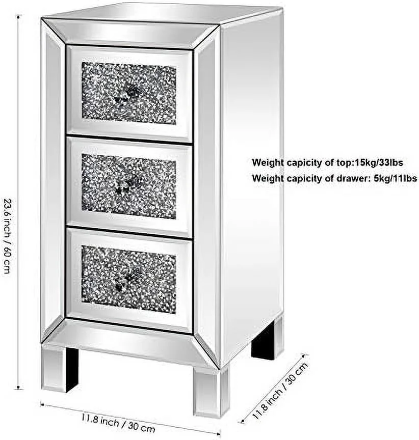 RUNFAYBIU Elegant Mirrored 3-Drawer Dresser with  Front Modern Silver Finish Bedroom Nightstand Stylish  Drawer Chest Organizer for Bedroom Living