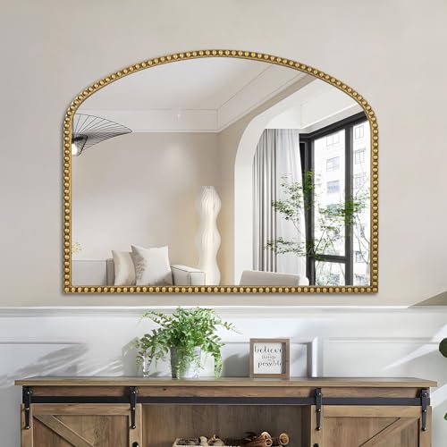 28"x36" Large Arch Wall Mirror, Decorative Beaded Frame Hanging Vanity Mirror for Dresser, Bathroom, Entryway, Bedroom, Mantel, Antique Gold