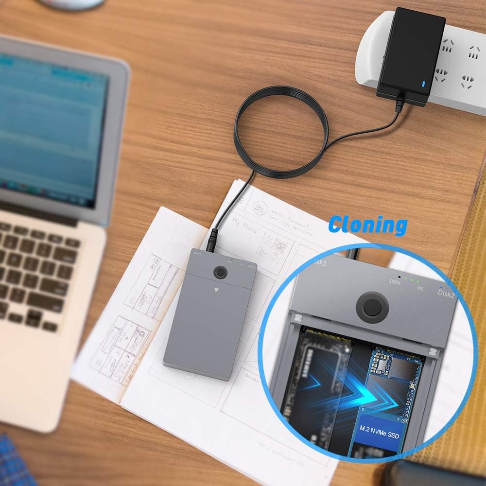 USB C 3.1 Gen2 10Gbps to M.2 Duplicator NVME Clone Dual-Bay External Hard Drive Enclosure
