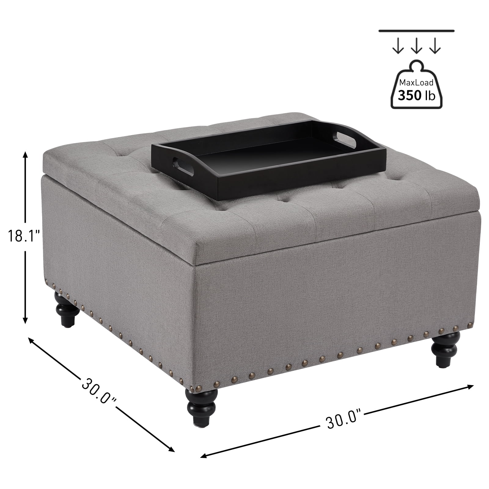 HUIMO 30" Large Square Coffee Table Lift Top Storage Ottoman Bench in Upholstered Tufted Toy Box, For the Living Room, Bedroom (Grey-tray)
