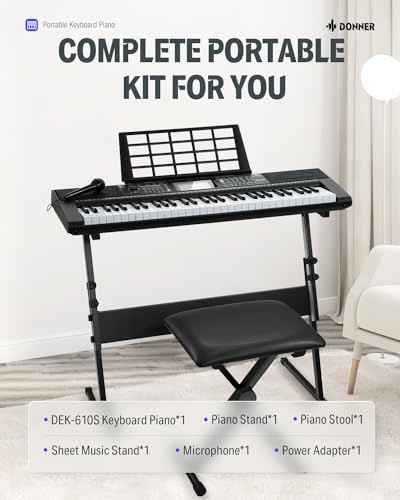 Donner 61 Key Keyboard Piano, Electric Piano Keyboard Kit with 249 Voices, 249 Rhythms - Includes Piano Stand, Stool, Microphone, Gift for Beginners