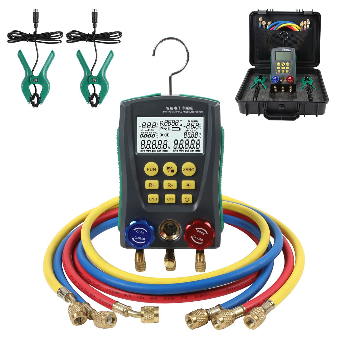 Digital Manifold Gauge Set HVAC Dual-Channel Temp Sensor HVAC Tools for 89 Kind of Refrigerant Digital AC Gauges Vacuum Pressure&Temp Test Digital