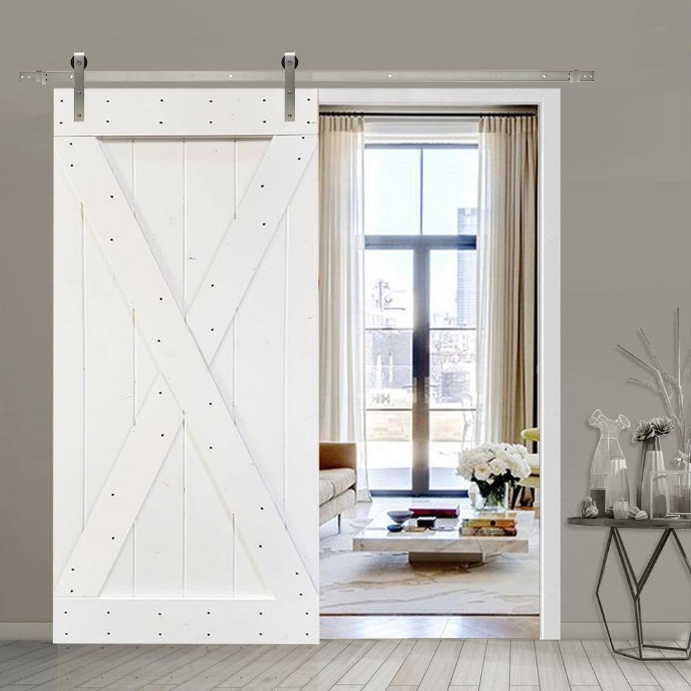 CALHOME x Series 36 in. x 84 in. White Knotty Pine Wood Interior Sliding Barn Door with Hardware Kit