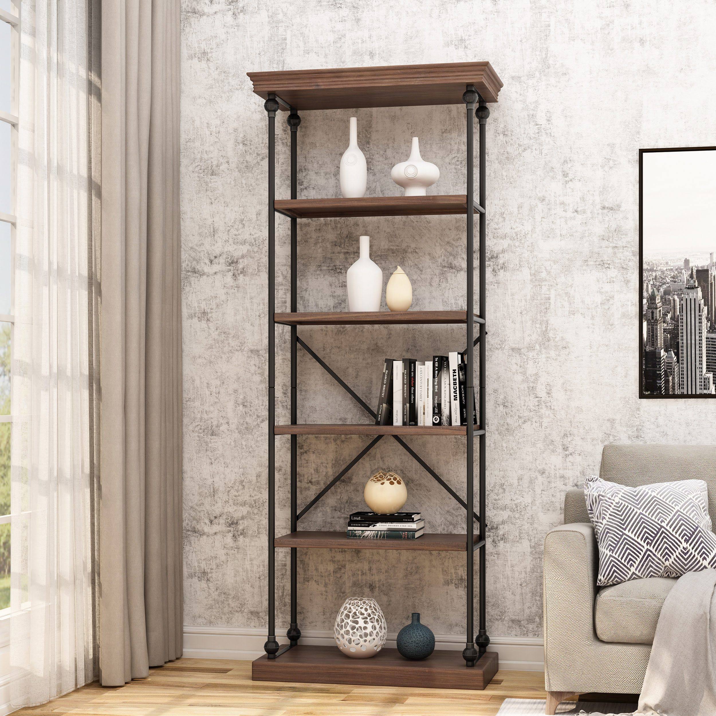 Scilla 5-Shelf Wood u0026 Metal Etagere Bookcase Dark Walnut