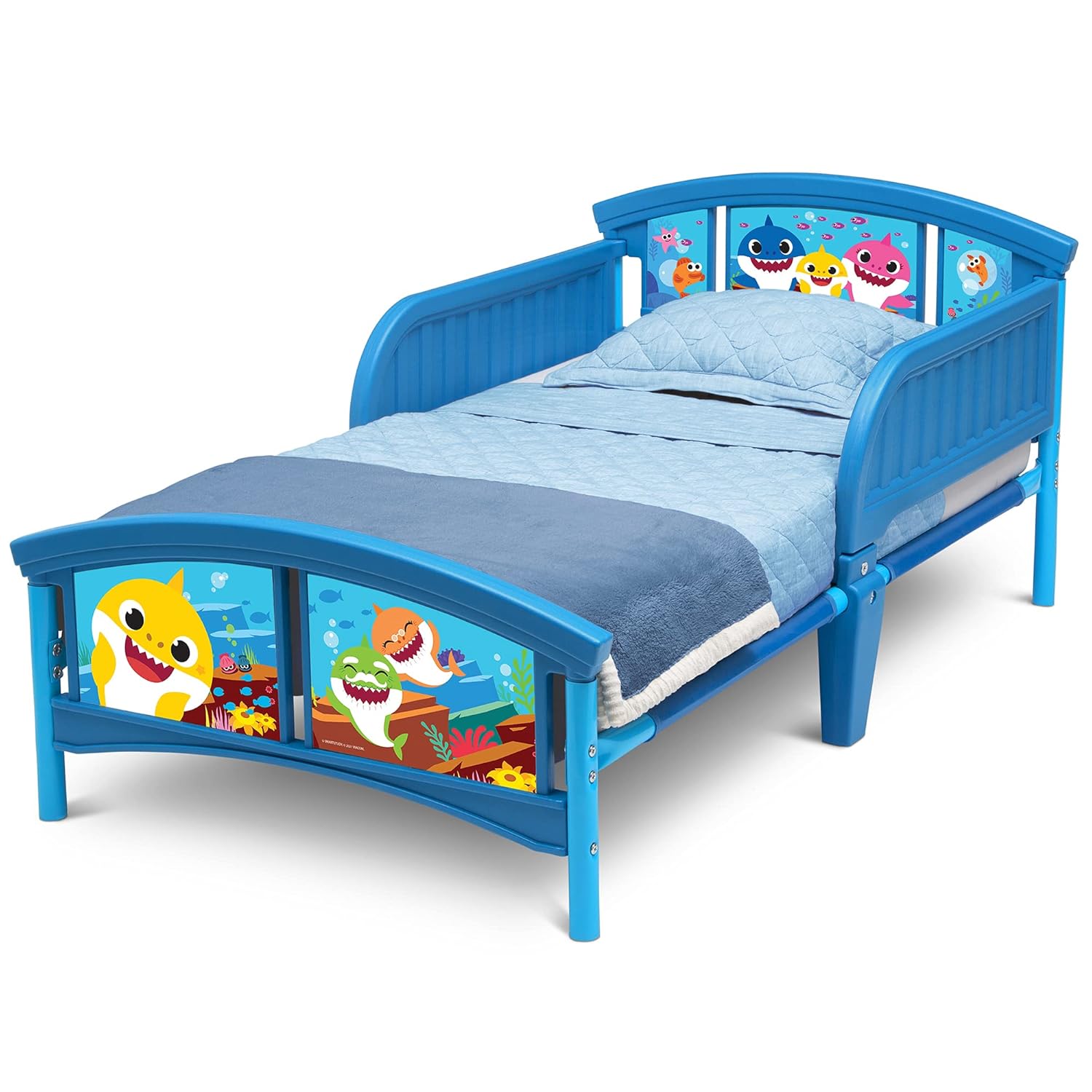 Delta Children Baby Shark Plastic Toddler Bed and Twinkle Galaxy Dual Sided Crib and Toddler Mattress Bundle