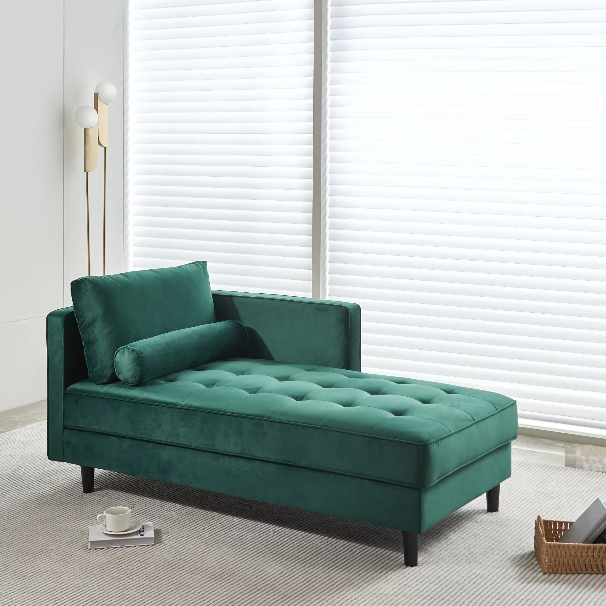 64" Velvet Chaise,Mid-Century Modern Chaise Furniture,Sleeper for Living Room,Apartment,Tool-Free Assembly. (Green)