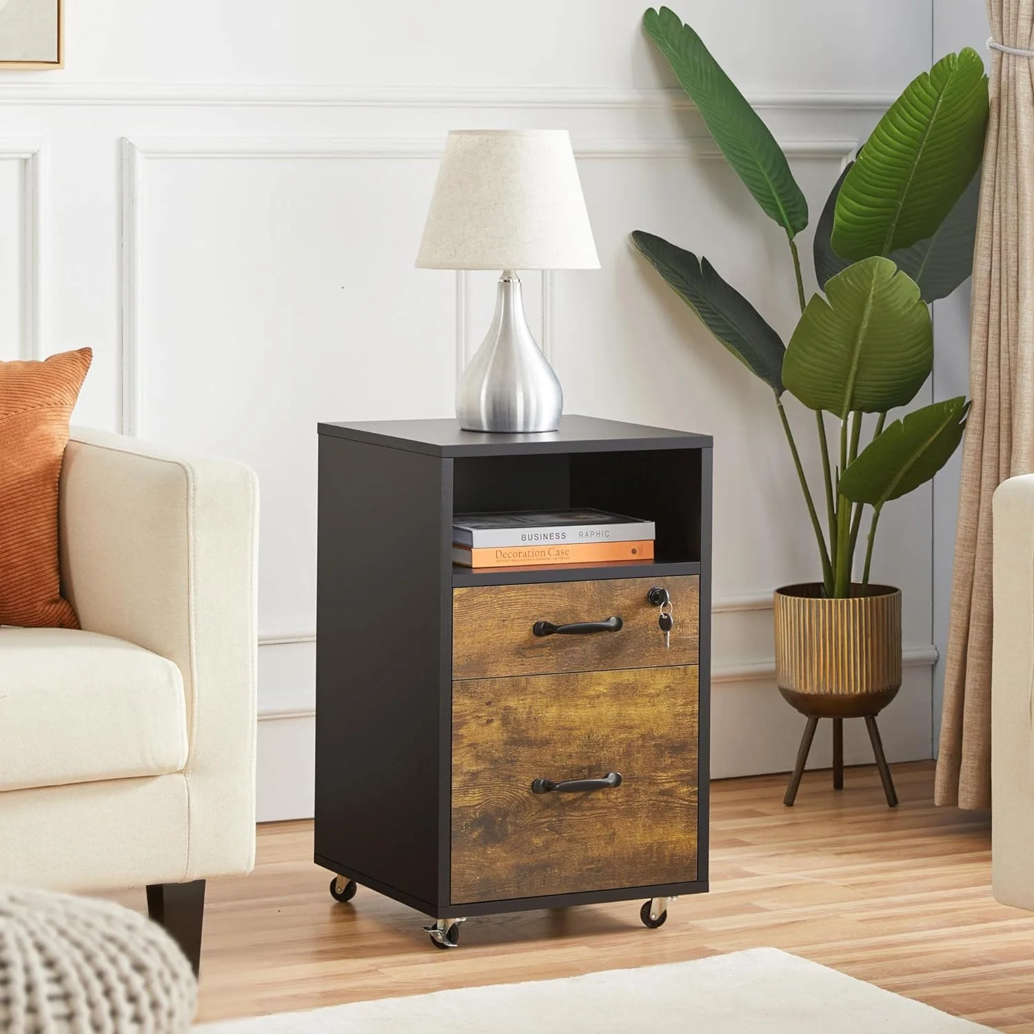 Filing Cabinet with 2 Drawers and Open Compartment,Under Desk Vertical File Cabinet with Lockable Wheels for A4
