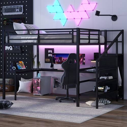 SOFTSEA Queen Size Loft Bed with L-Shaped Desk, Wardrobe, Metal Loft Bed with LED Lights and USB Ports, Space Saving Bed Frame with Storage Stairs