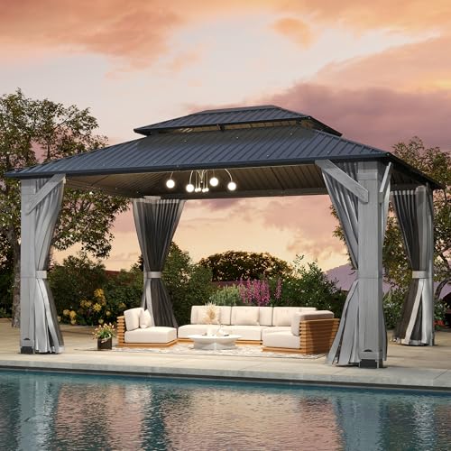 12'x12' Hardtop Gazebo, Outdoor Double Roof Galvanized Steel Gazebos, Aluminum Frame Permanent Pavilion with Curtains & Netting for Backyard, Patio