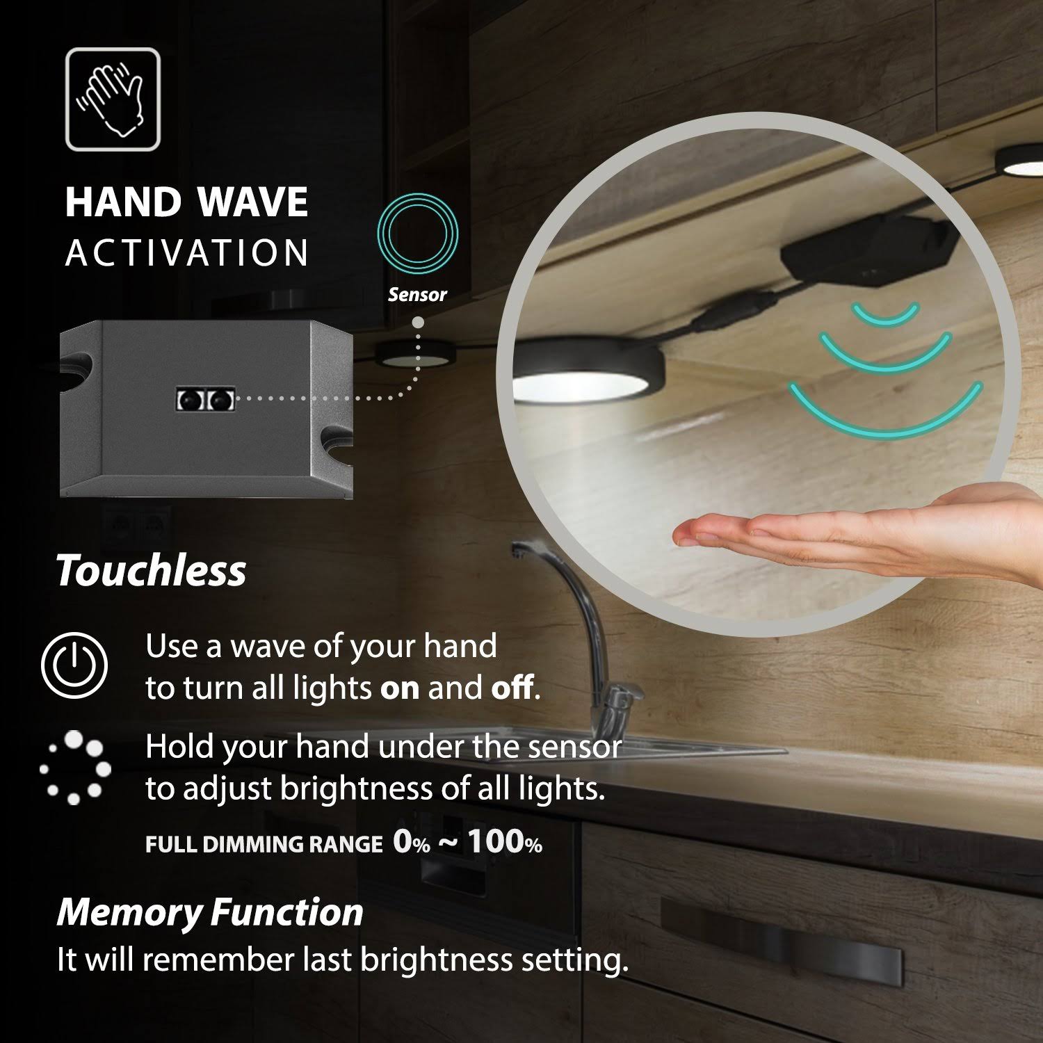 Eshine Black Matte Under Cabinet Puck Lights with Hand Wave Sensor – Dimmable – Pack of 12 Warm White (3000K)