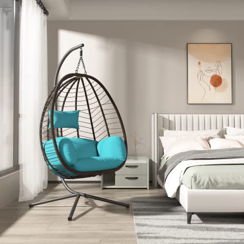 ALAULM Egg Swing Chair Outdoor Indoor Wicker Rattan Hanging Chair with Stand 350lbs Capacity w/Strong Frame & Blue Cushions for Patio Balcony Bedroom