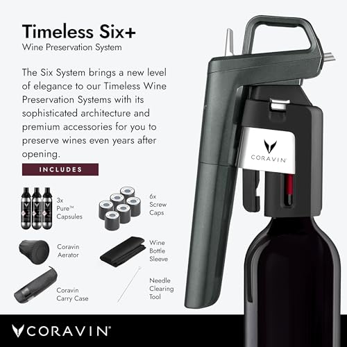 Coravin Timeless Six Plus Wine Preservation System - By-the-Glass Wine Saver - Wine Aerator, 3 Pure Argon Capsules, 6 Screw Caps