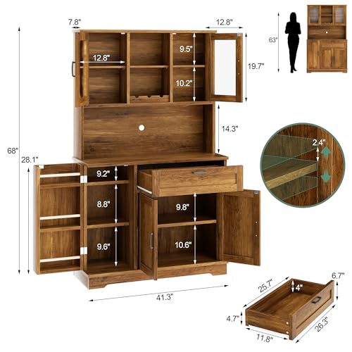 Shintenchi Kitchen Pantry Storage Cabinet, Freestanding Buffet Cabinet with Microwave Stand & 4 Door Shelves, Kitchen Hutch with Doors