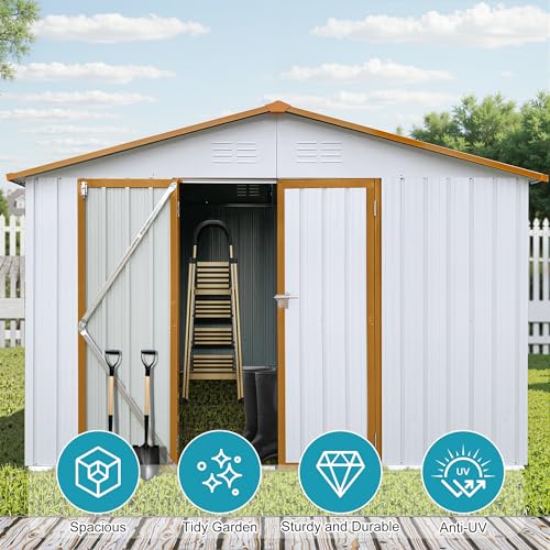 8x6 FT Outdoor Storage Shed, Metal Tool Shed with Lockable Doors, Peaked Roof & Frame Floor