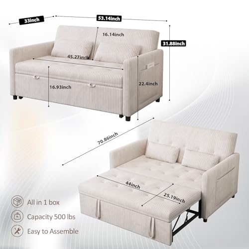 Sofa Bed, Loveseat 3-in-1 Sleeper Sofa with Pull Out Bed, Pockets and USB