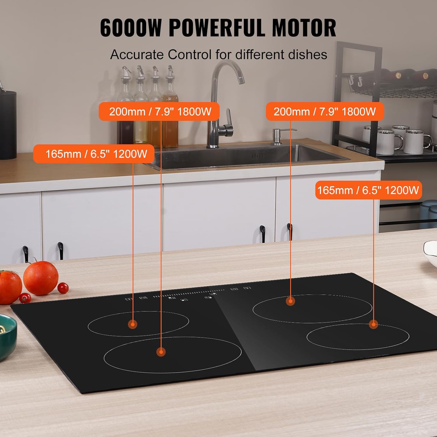 VEVOR Built in Electric Stove Top, 24 inch 4 Burners, 240V Glass Radiant Cooktop with Sensor Touch Control, Timer & Child Lock Included
