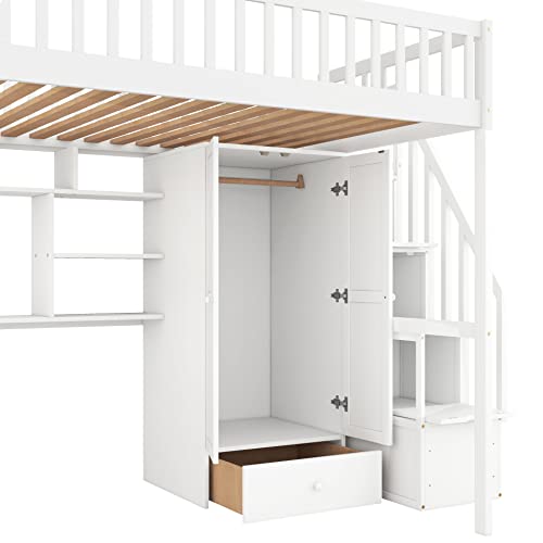 Twin Loft Bed with Staircase, Desk and Wardrobe, Wood Loft Bed with Storage Shelves and Safety Guardrail