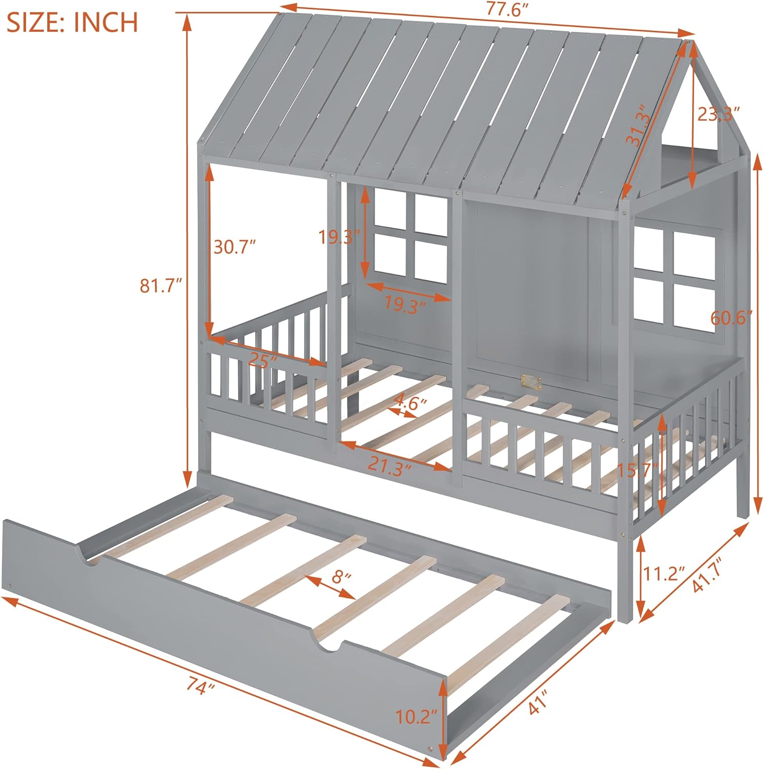 Twin Size House Bed with Twin Trundle, Wooden House-Shaped Daybed with 2 Windows and Safety Full-Length Guardrails for Kids Boys Girls Bedroom
