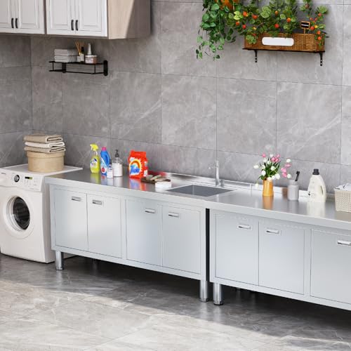 ZZV Freestanding Stainless Steel Sink with Cabinet Heavy Duty Utility Sink Commercial for Kitchen Restaurant Hotel Cafe and Outdoor