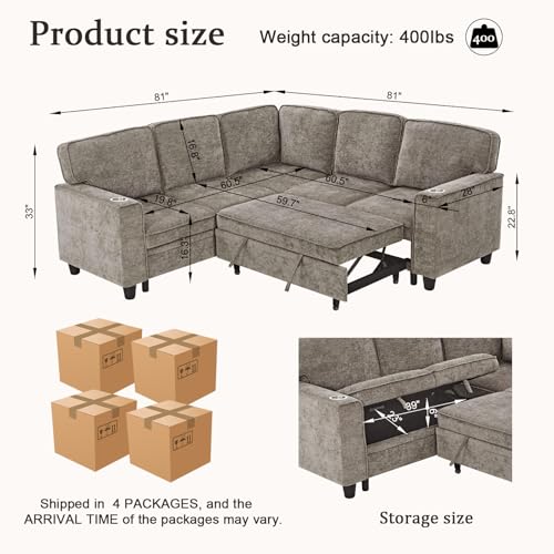 L-Shaped Pull Out Sleep Sofabed,Modern Reversible Sleeper Sectional Sofa Chenille Upholstered Button Tufted Decor with Storage Chaise