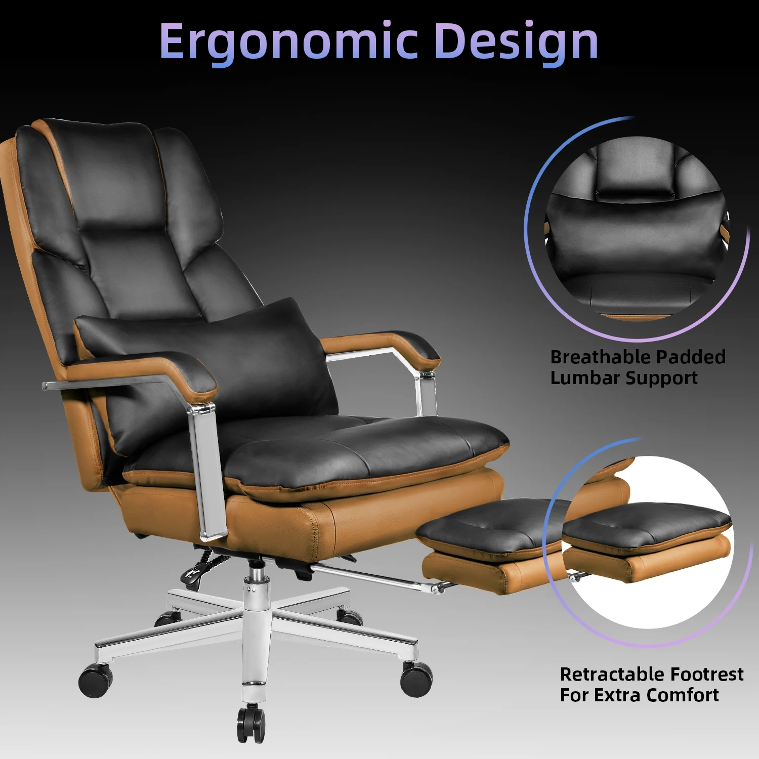 HomeZeer Big and Tall Office Chair 500 lbs, PU Leather Executive Chair Heavy Duty Desk Chairs Ergonomic Reclining Office Chair with Footrest, Black