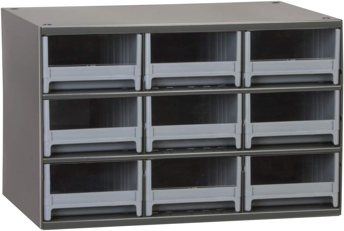 Akro-Mils 9-Drawer Steel Parts Craft Storage Cabinet Hardware Organizer, 19909, (17-Inch W x 11-Inch D x 11-Inch H), Gray Cabinet, Blue Drawers