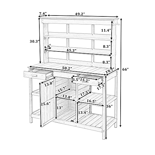 Merax 66" Large Outdoor Farmhouse Wooden Potting Bench Table, Garden Workstation with 2 Drawers, Cabinet, and Open Shelves for Backyard, Mudroom