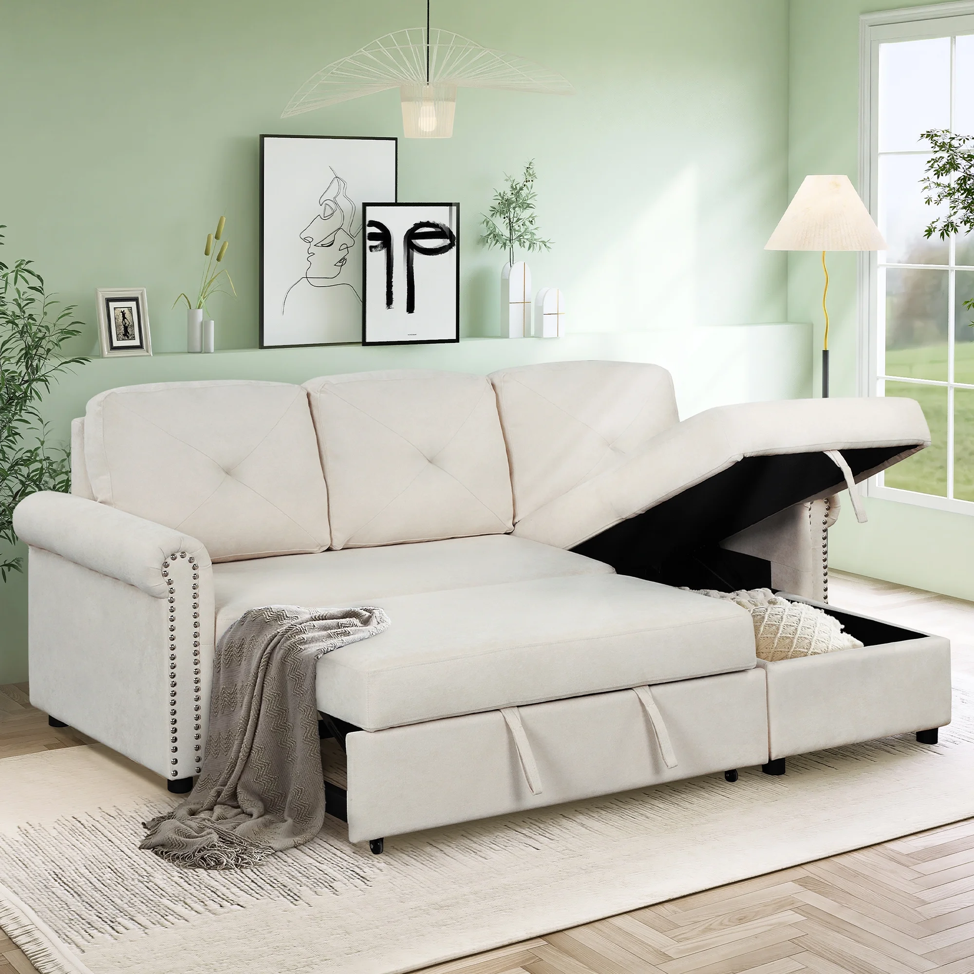 EUROCO 83” Pull Out Sofa Bed,Velvet Convertible Sleeper Sofa,L Shaped Sofa Couch with Storage Chaise, Sectional Couch Bed for Living Room