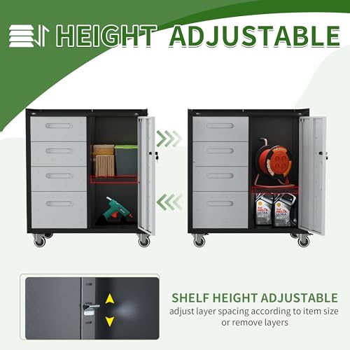 Metal Garage Storage Cabinet with Wheels,Locking Rolling Tool Cabinet with Drawers and Shelves for Home, Office, Garage & Workshop