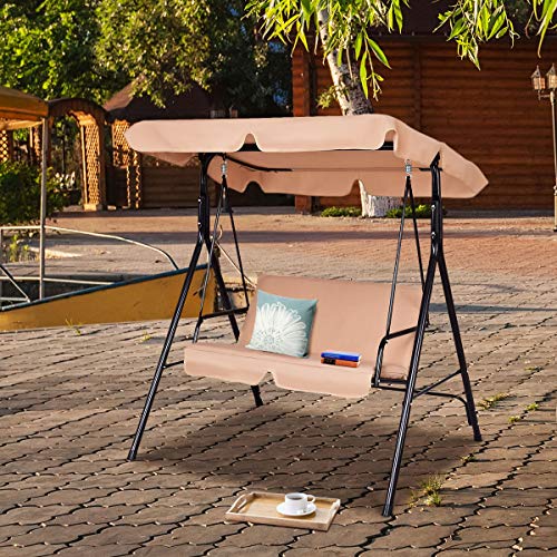 Tangkula 3 Person Porch Swing, Patio with Removable Cushion & Powder-Coated Steel Frame, Outdoor Swing with Canopy for Porch, Backyard, Garden