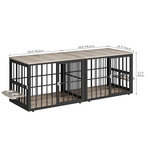 YITAHOME 88.6" Large Corner Dog Crate Furniture for 2 Dogs, Large Wooden Dog Kennel with Dog Bowls & 3 Doors