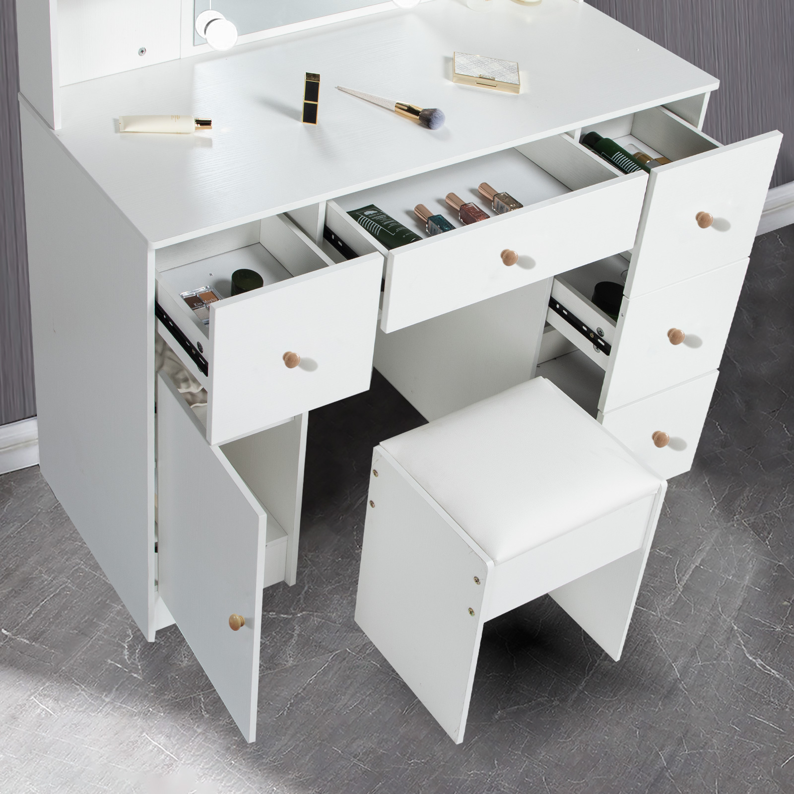 Yamissi Makeup Vanity with Cushioned Stool Vanity Set with Mirror and Lights for Bedroom Small Dresser, White
