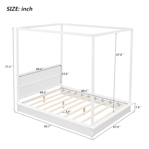 Bellemave Canopy Bed Frame Wood Four Posters Twin/Full/Queen/King LED Platform Bed with Built-in Headboard Strong Wooden Slat Support