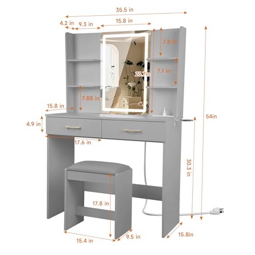 Vanity Set with Lights and Stool, Vanity Desk with Mirror and Lights，Vanity Power Outlet,Vanity Desk with Drawers
