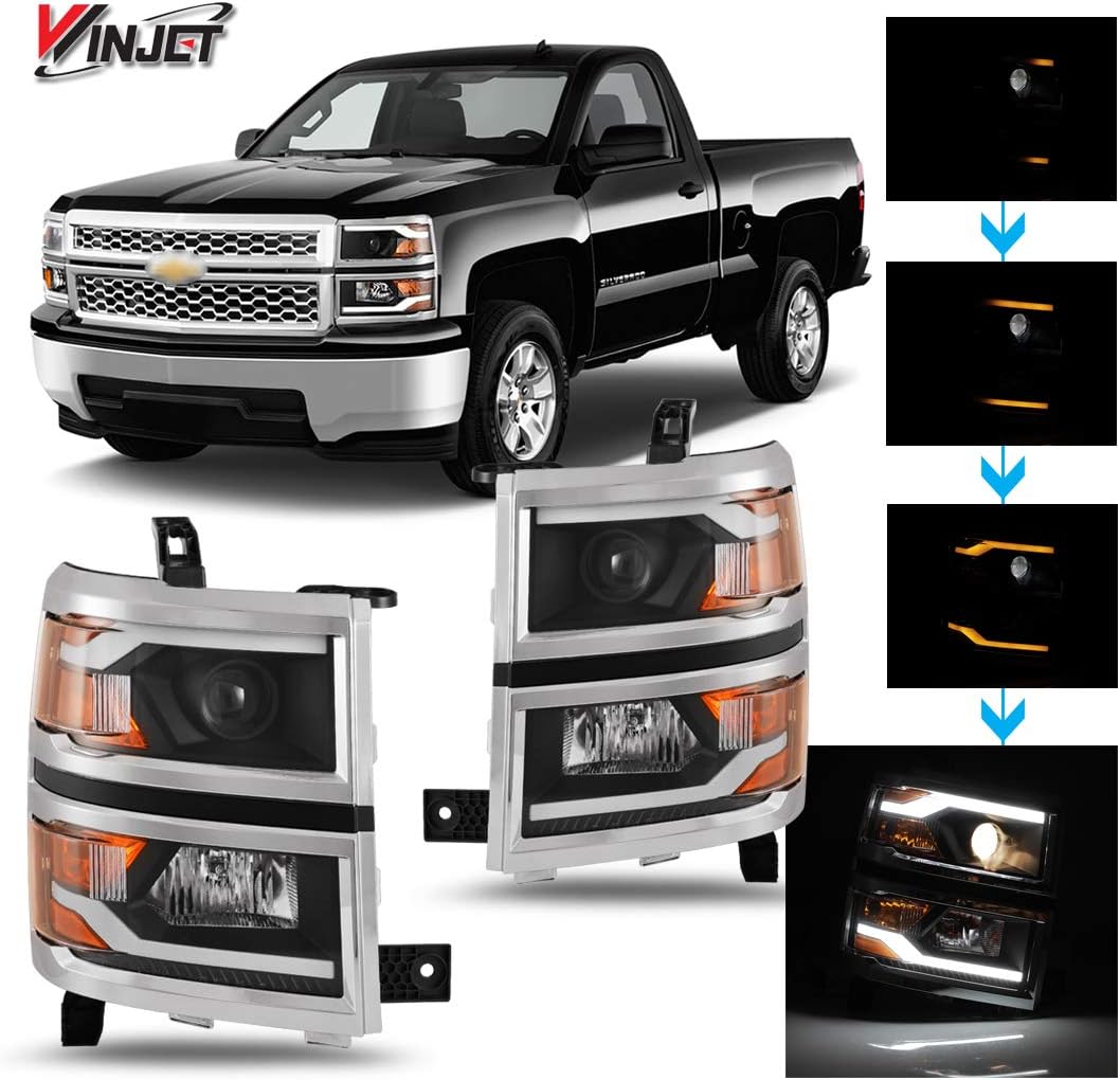 Winjet Compatible with [2014-2015 Chevrolet Silverado 1500] LED DRL Bar Projector Headlights, Black (WJ10-0382C-04)
