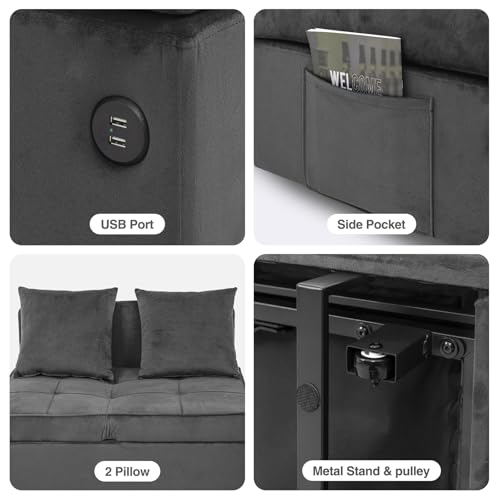 Sofa Bed 4-in-1 Convertible Pull Out Couch, Velvet Love seat Couch Sleeper Chair Bed with 2 Throw Pillow