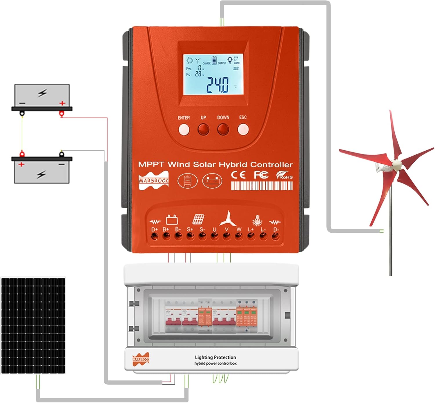 Marsrock Lithium Lead-Acid Gel Battery Wind Solar Hybrid Charge Controller Wind MPPT Boost with Dump Load and 50cm Cable Design for Wind Solar Hybrid