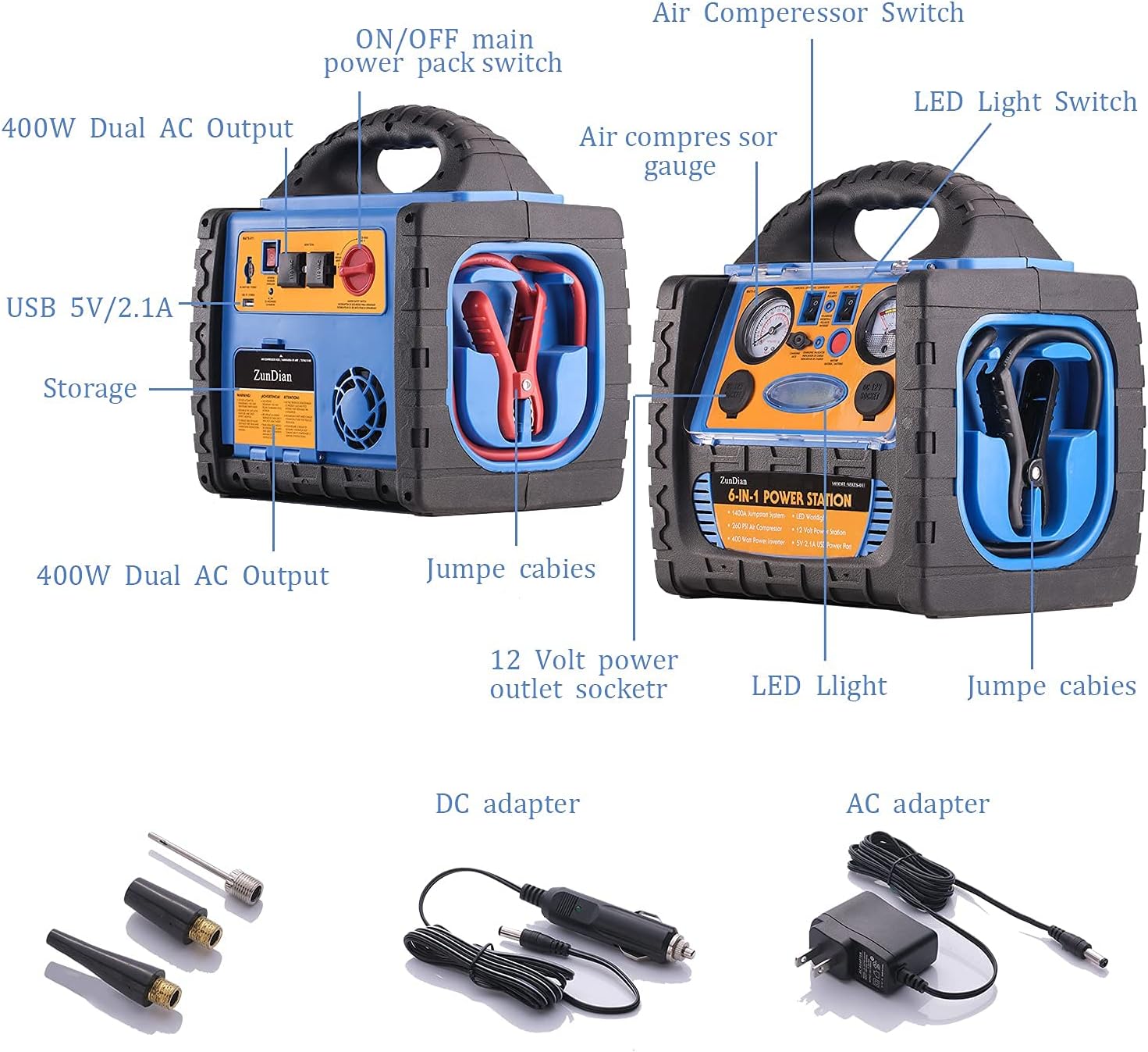 ZunDian Power Station 1400 Amp Battery Jump Starter with Air Compressor Car Tire Inflator, 110V 400W Power Inverter USB DC AC Outlet