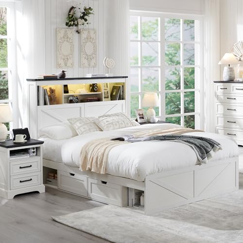 Queen Size Wood Bed Frame Farmhouse with 52" Tall Storage Bookcase Headboard, LED Light,Charging Station,4 Drawers and Solid Wood Slats Support