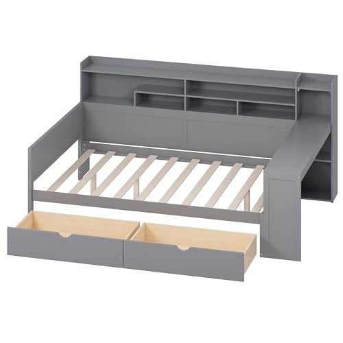 Corner Twin Bed Frame with Bookcase Storage and Desk, Wood Day Beds with 2 Drawers, Twin Size Daybed with Storage for Living Room