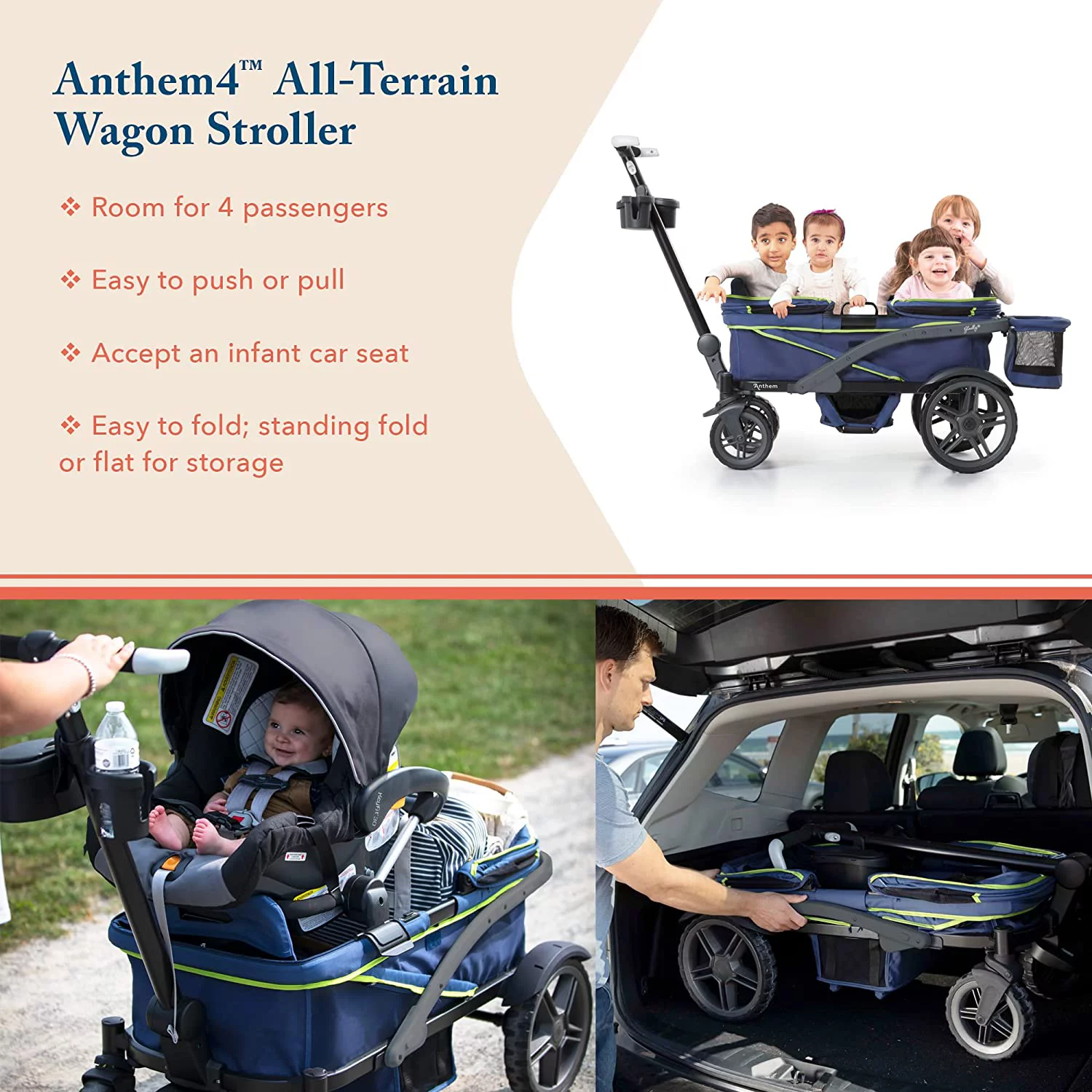Gladly Family Anthem4 All-Terrain 4-Seater Wagon Stroller, Rugged Wheels, Removable Canopy, Foldable, Neon Indigo