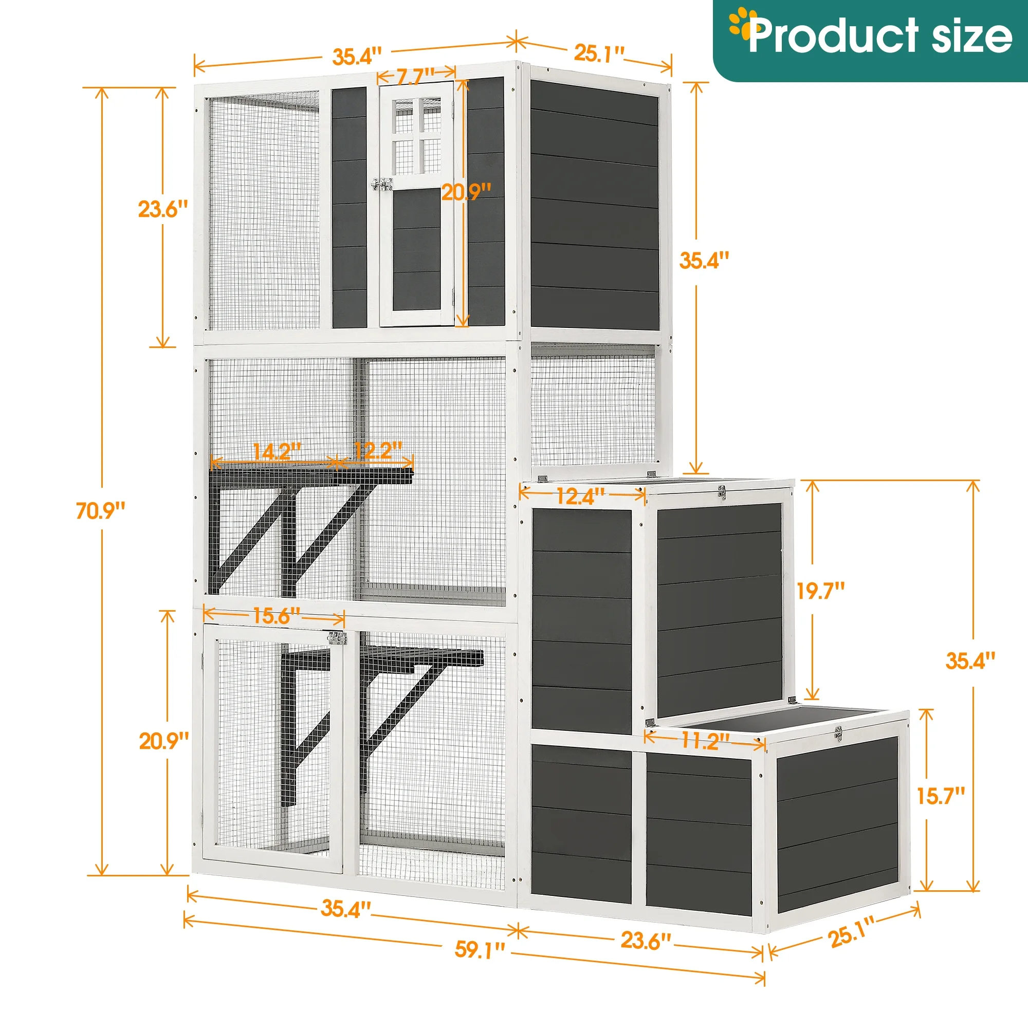 Syngar Luxury 3-Tier Wooden Cat Cage, Outdoor Medium Catio Enclosure with 2 Jump Platforms, 2 Resting Room, and 1 Loft