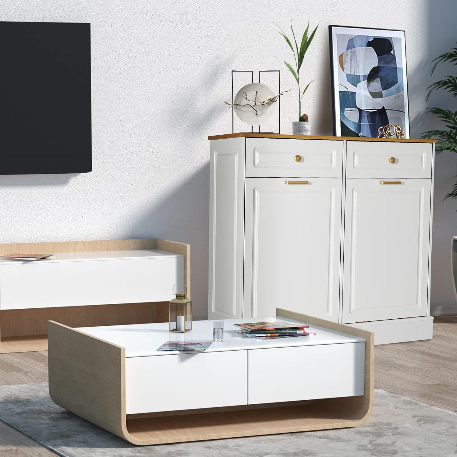 UEV Double Kitchen Trash Cabinets,Two Tilt Out Trash Cabinets with Solid Hideaway Drawers