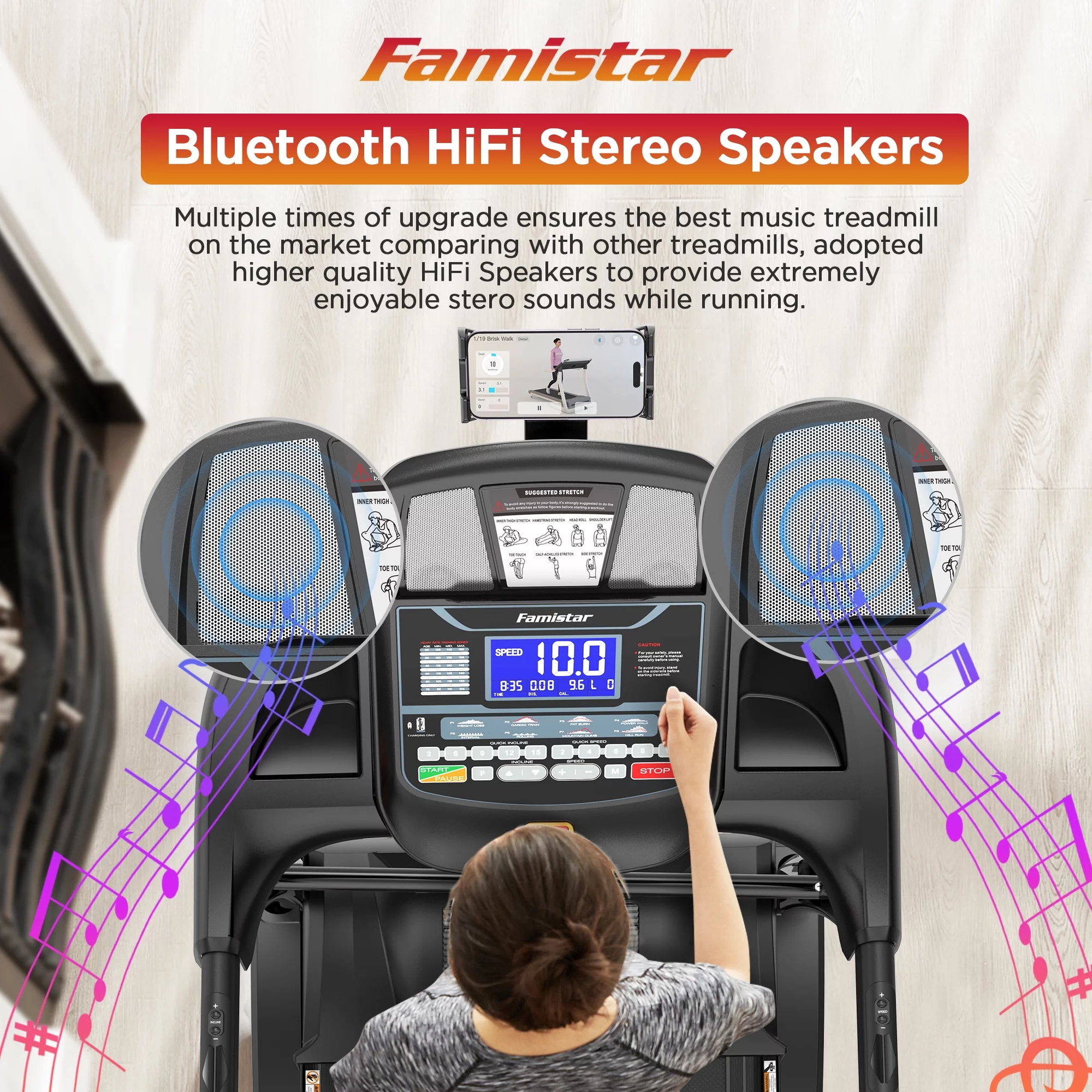 Famistar 4.5HP Portable Folding Treadmill 300 LB Capacity for Home w/ 15-Level Auto Incine, Smart APP Control, HiFi Stereo Bluetooth Speakers